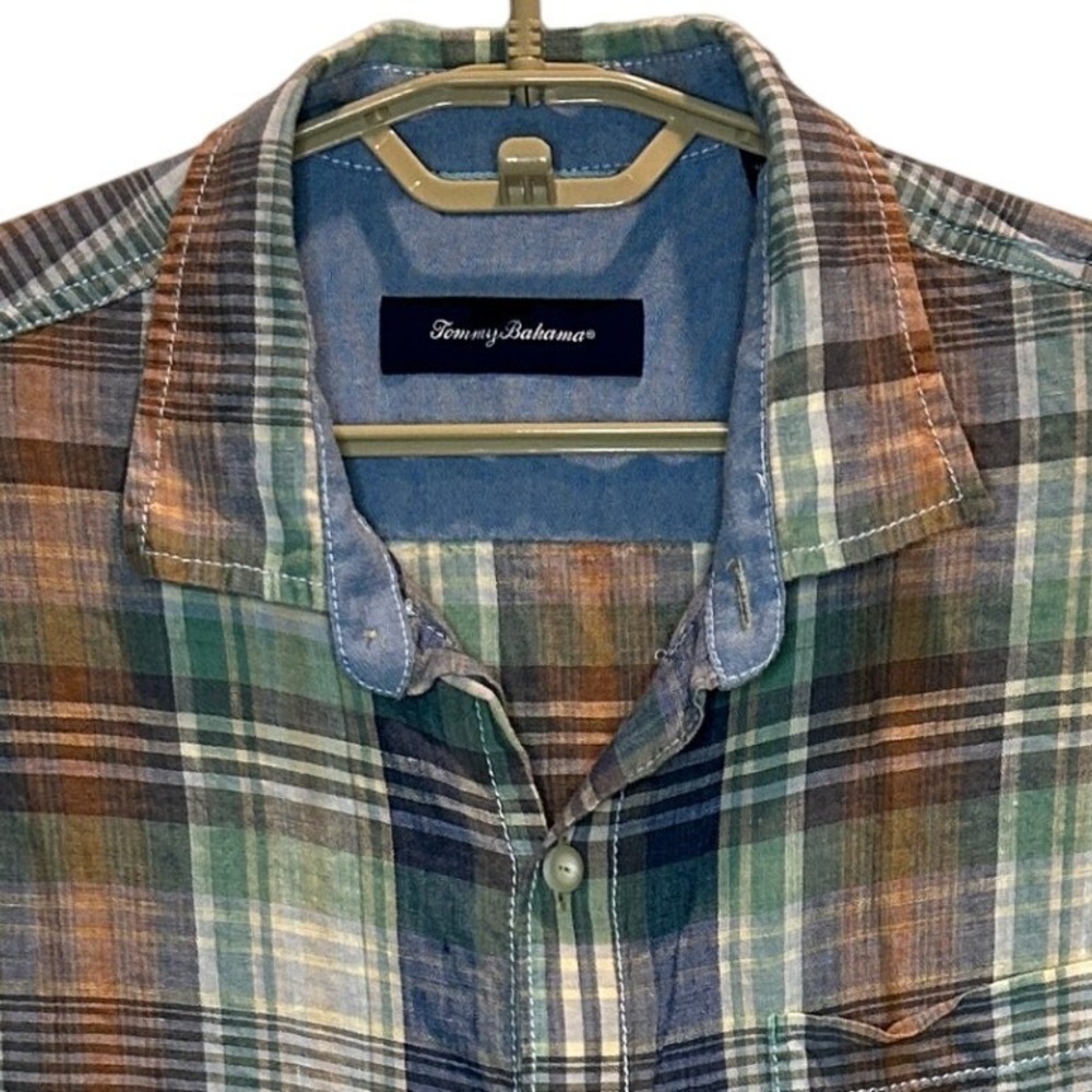 Tommy Bahama Linen Button Down Shirt Large Mens Blue Green Plaid Long Sleeve